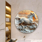 a large circular wall art depicting a white horse galloping on a wave, with a flock of birds flying in the background.