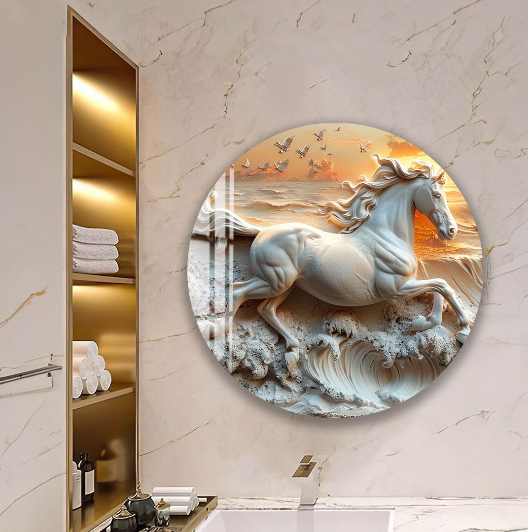 a large circular wall art depicting a white horse galloping on a wave, with a flock of birds flying in the background.