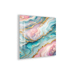 a vibrant abstract design with swirling patterns in shades of blue, pink, and gold.