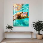 a large elephant with its trunk raised, creating a striking visual focal point. The elephant is the central element in the room, with a bench and potted plants placed nearby.