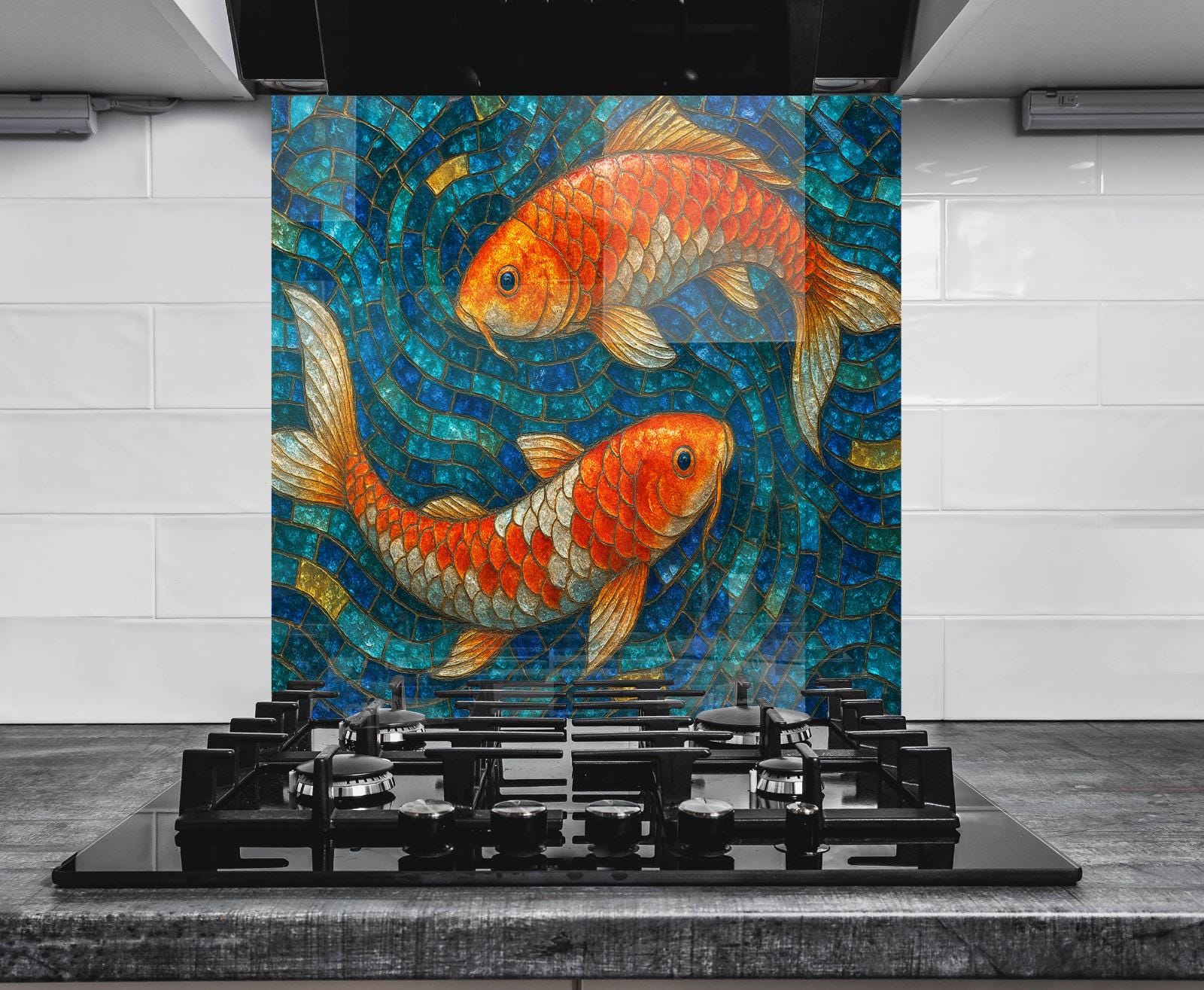 a painting of two gold fish on a tile wall