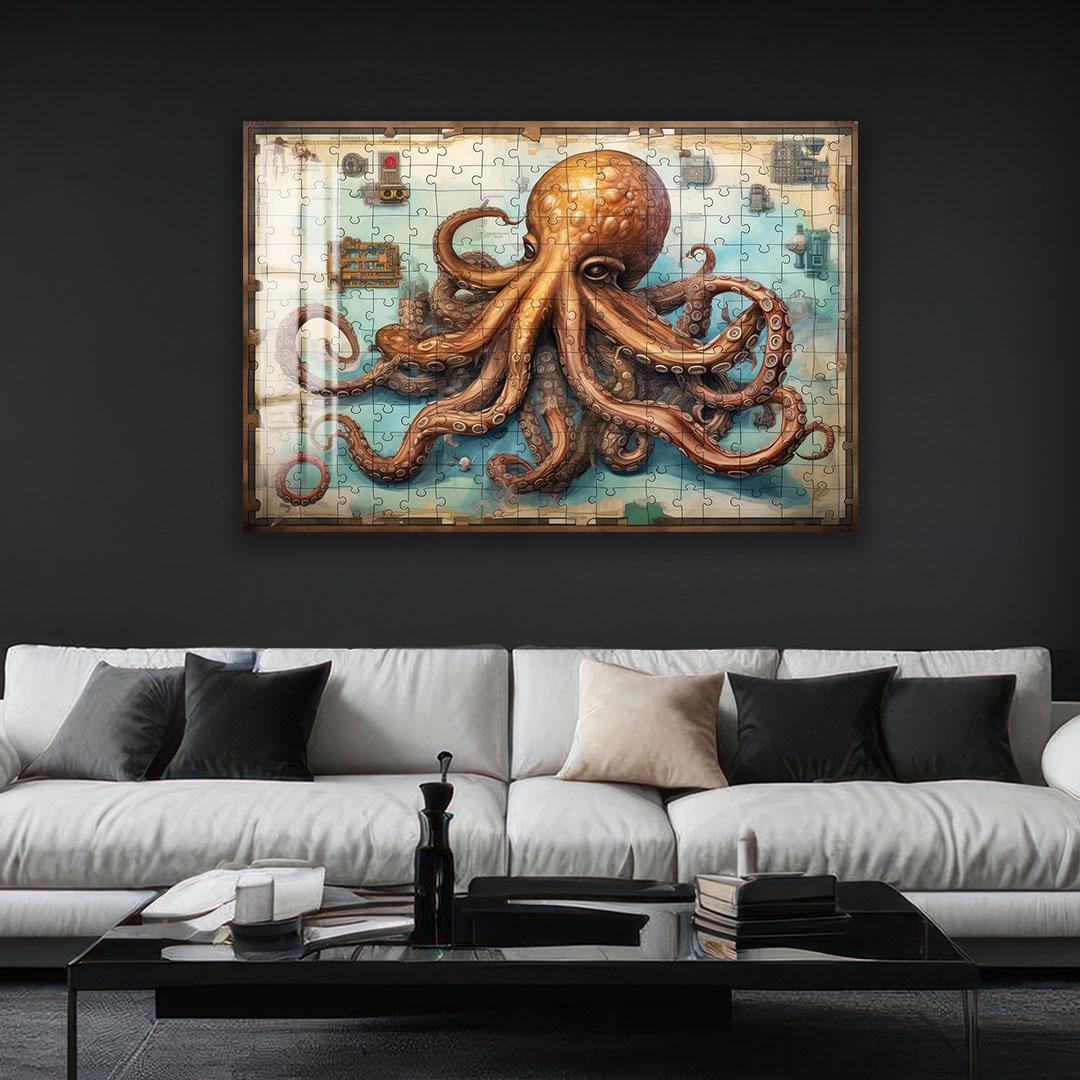a large, detailed painting of an orange octopus on a wall above a white couch in a living room setting.