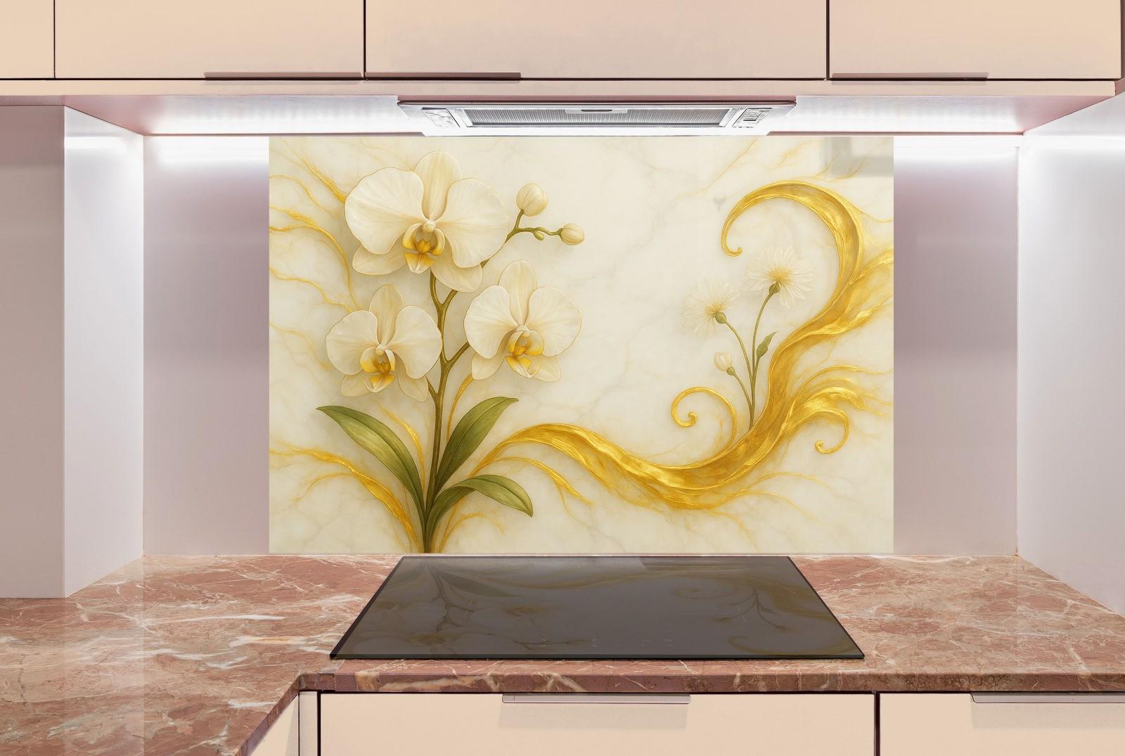 a painting of white flowers on a wall in a kitchen