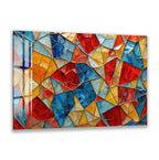 The image is a vibrant and colorful mosaic composed of various geometric shapes and patterns, including triangles, rectangles, and circles, arranged in a visually striking and intricate manner.