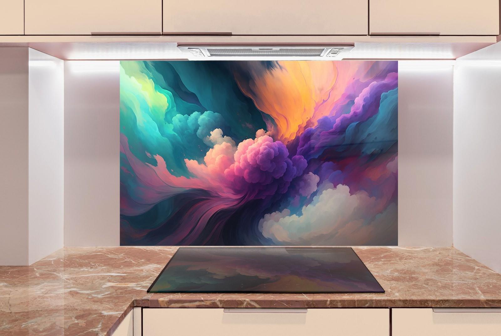 a large painting on a wall in a kitchen