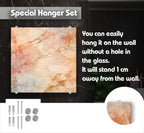 The image is a product advertisement for a special hanging set, featuring a marble-like texture and a hole in the glass. The text highlights that the hanging set can easily be hung on the wall without a hole in the glass, and it will stand 1 meter away from the wall.