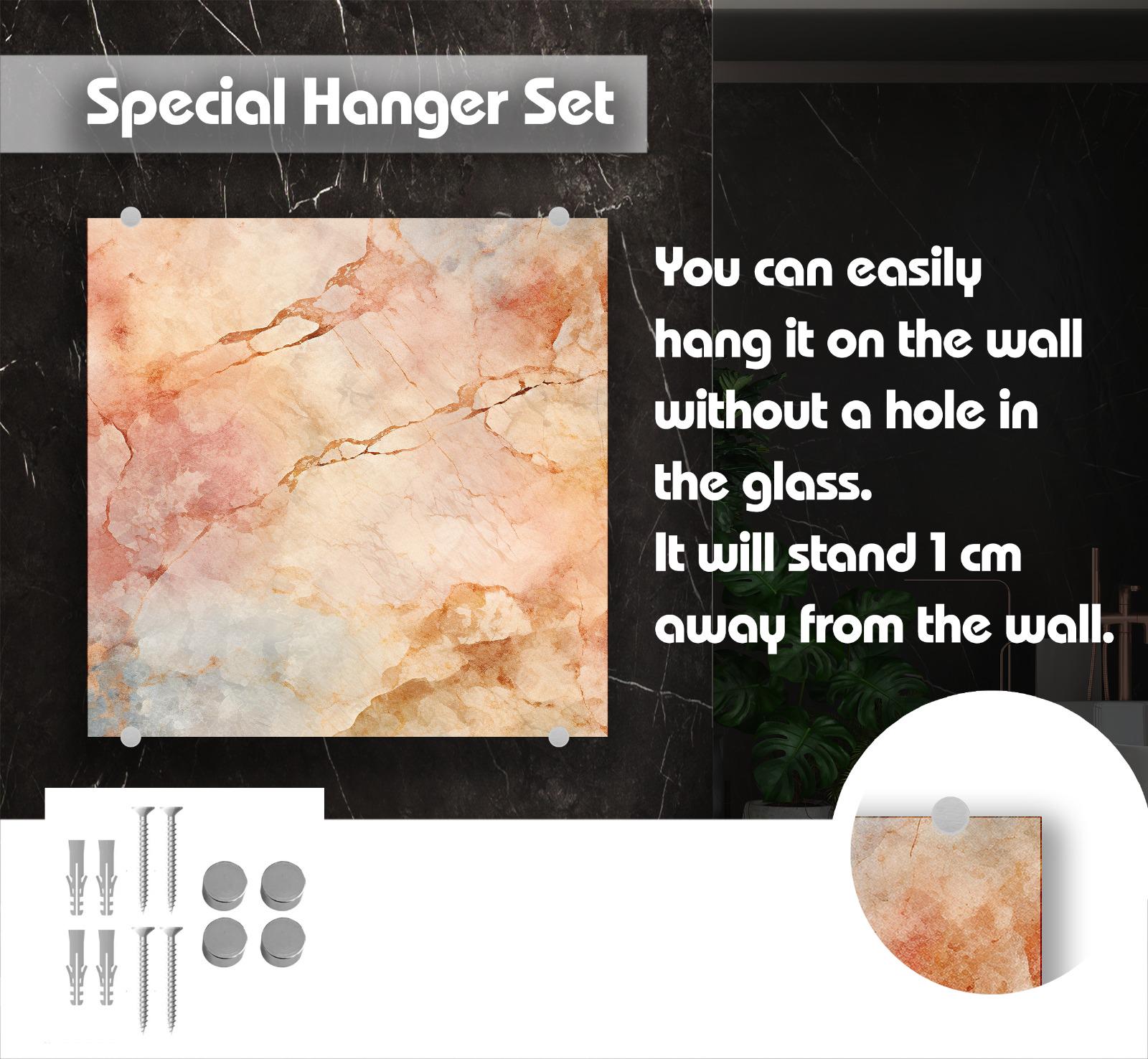 The image is a product advertisement for a special hanging set, featuring a marble-like texture and a hole in the glass. The text highlights that the hanging set can easily be hung on the wall without a hole in the glass, and it will stand 1 meter away from the wall.