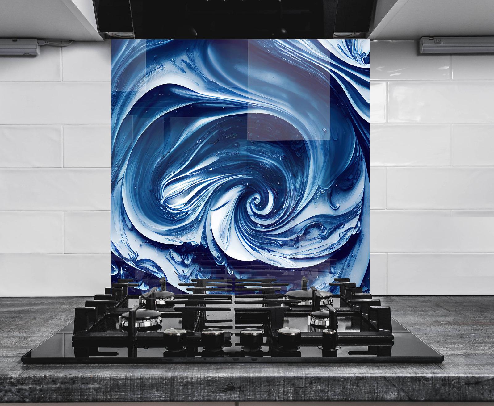 a modern kitchen with a large, abstract blue and white swirl design on the wall behind a gas stove.