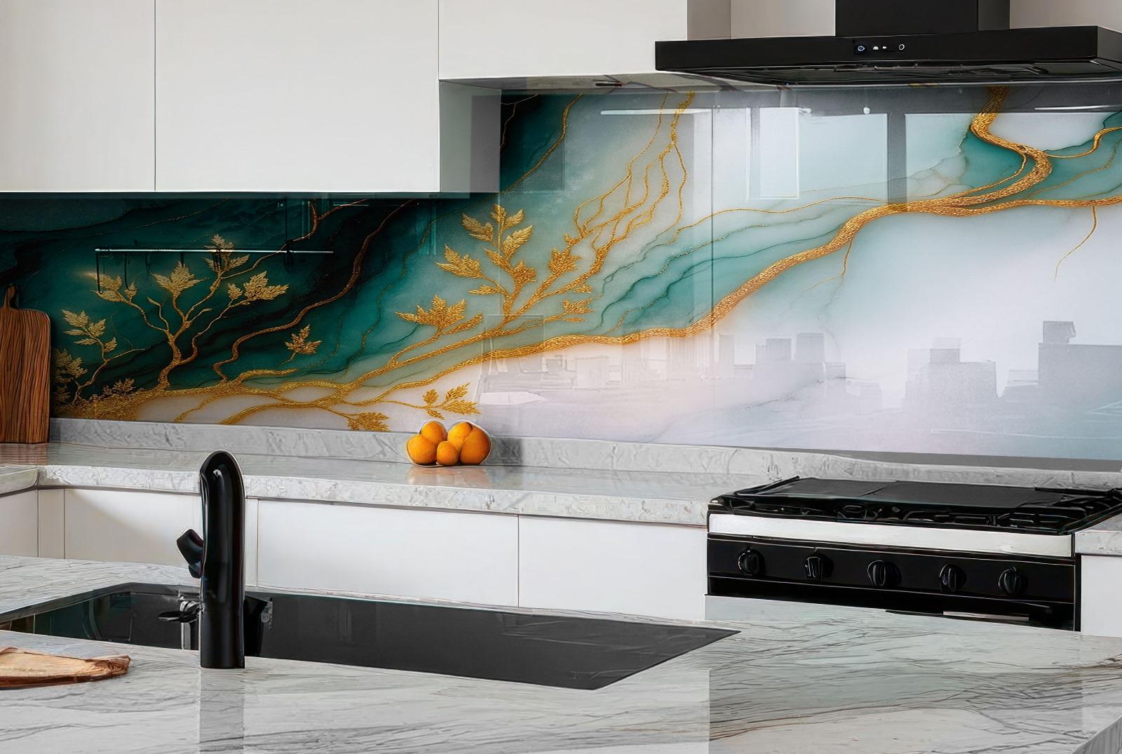 a kitchen with marble counter tops and a marble backsplash