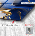 The image is a close-up of a Tempered Glass surface with a marble-like pattern in blue and gold colors. The glass appears to be mounted on a wooden floor, and there is a text overlay providing information about the glass&#39;s thickness and the fact that it is ready to hang.