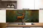 a kitchen with a metal deer on the wall