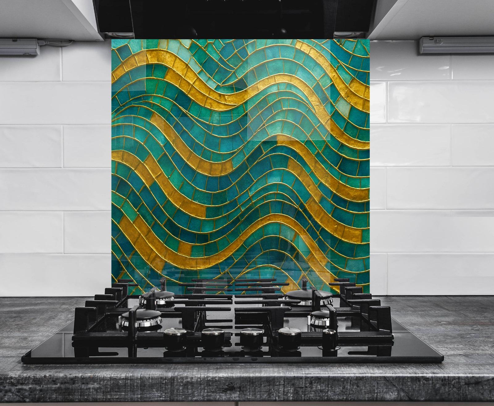 a stove top with a painting on the back of it