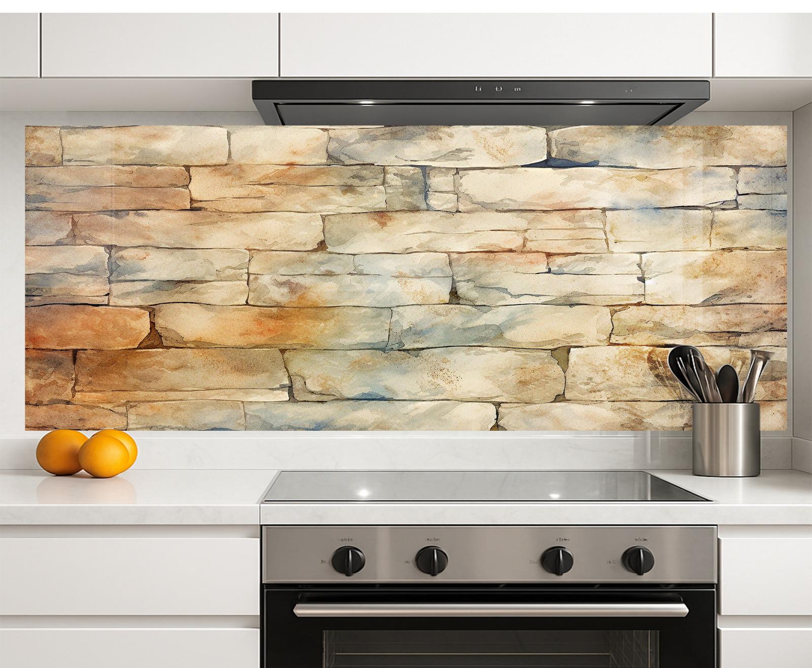 a modern kitchen with a stone-patterned backsplash behind the stove, a stainless steel oven, and a small fruit bowl with oranges on the countertop.