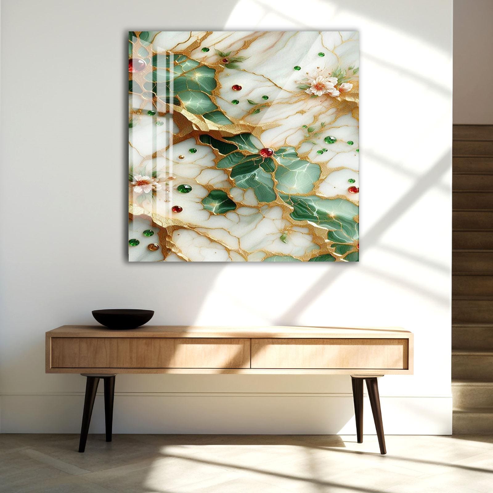 a modern interior design with a wooden console table and a large abstract painting hanging on the wall above it.