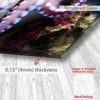 The image is a close-up of a glass surface with a text overlay indicating the glass is "Tempered Glass" and has a "0.15" (4mm) thickness. The text also mentions that the "Hanger is Mounted Behind the Glass" and is "Ready to Hang".