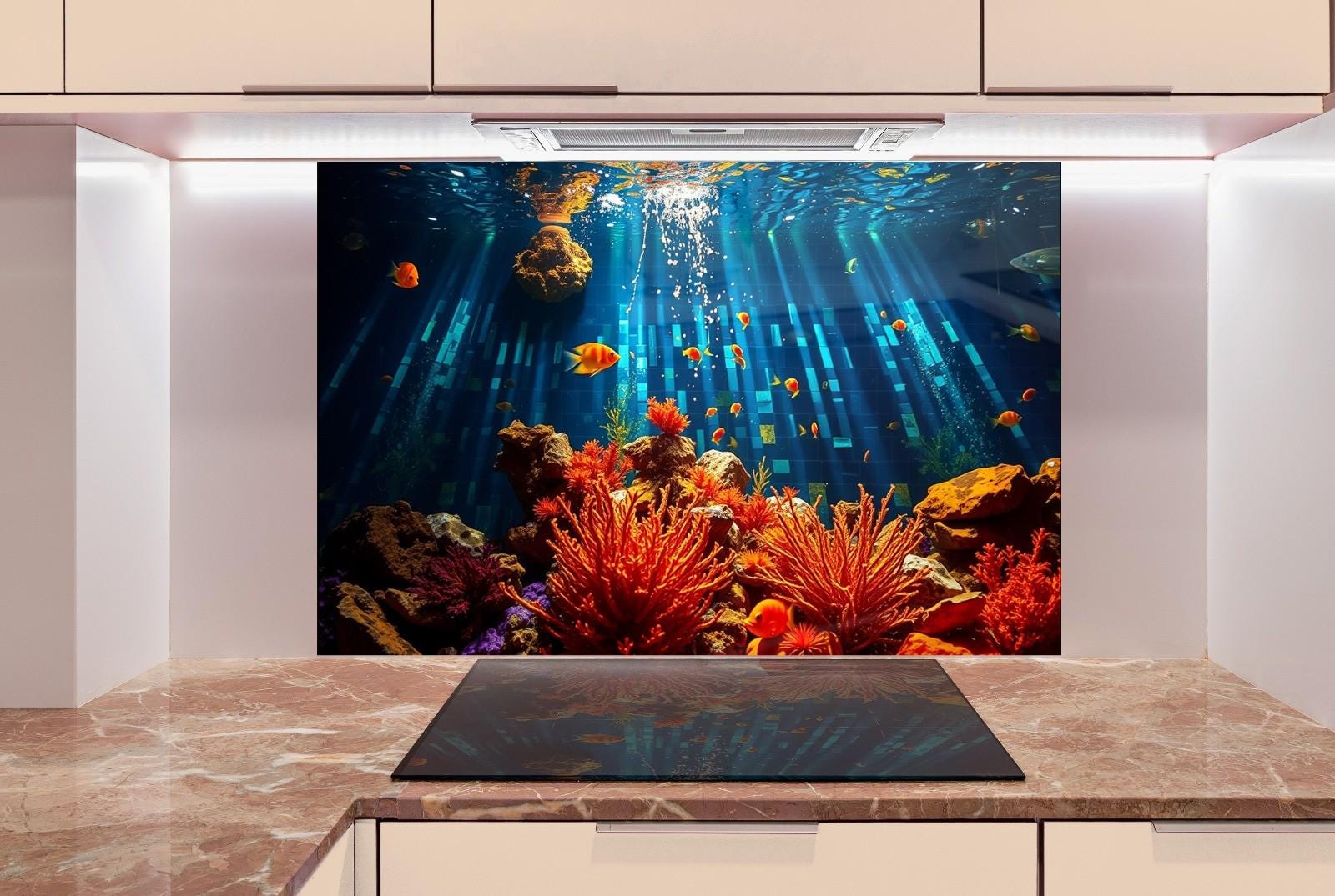 an underwater scene of a coral reef in a kitchen