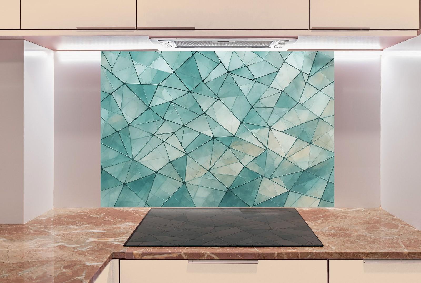 a kitchen with a stove top and a painting on the wall