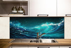 a kitchen sink with a large, vibrant, and colorful backsplash depicting a wave in the ocean. The backsplash is the main focus of the image, with the sink and cabinets in the background.