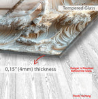 The image is a close-up of a glass surface with a textured, white and beige design. The glass appears to be Tempered Glass, which is mounted on a wooden surface. The image is described as having a thickness of 0.15 millimeters (4mm) and is shown as a ready-to-hang.