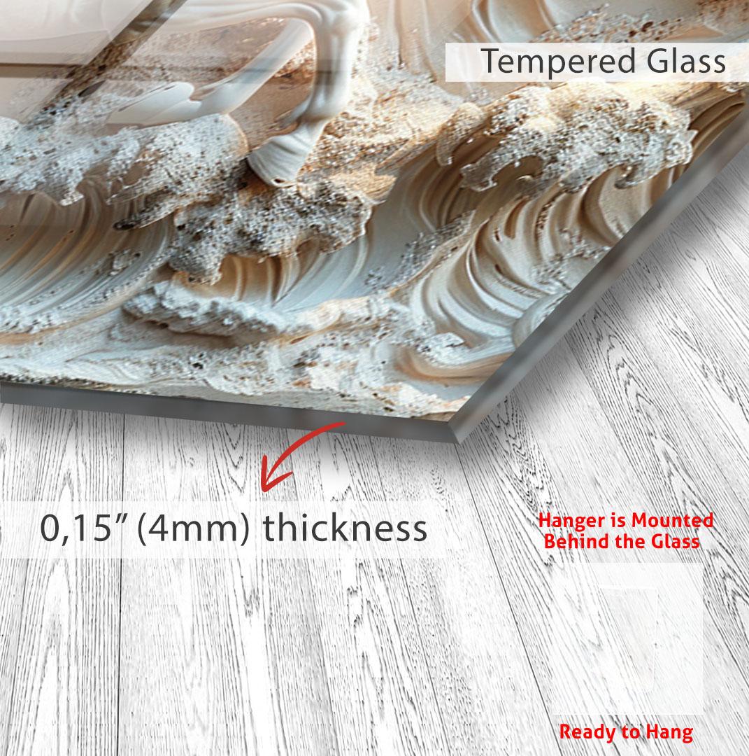 The image is a close-up of a glass surface with a textured, white and beige design. The glass appears to be Tempered Glass, which is mounted on a wooden surface. The image is described as having a thickness of 0.15 millimeters (4mm) and is shown as a ready-to-hang.