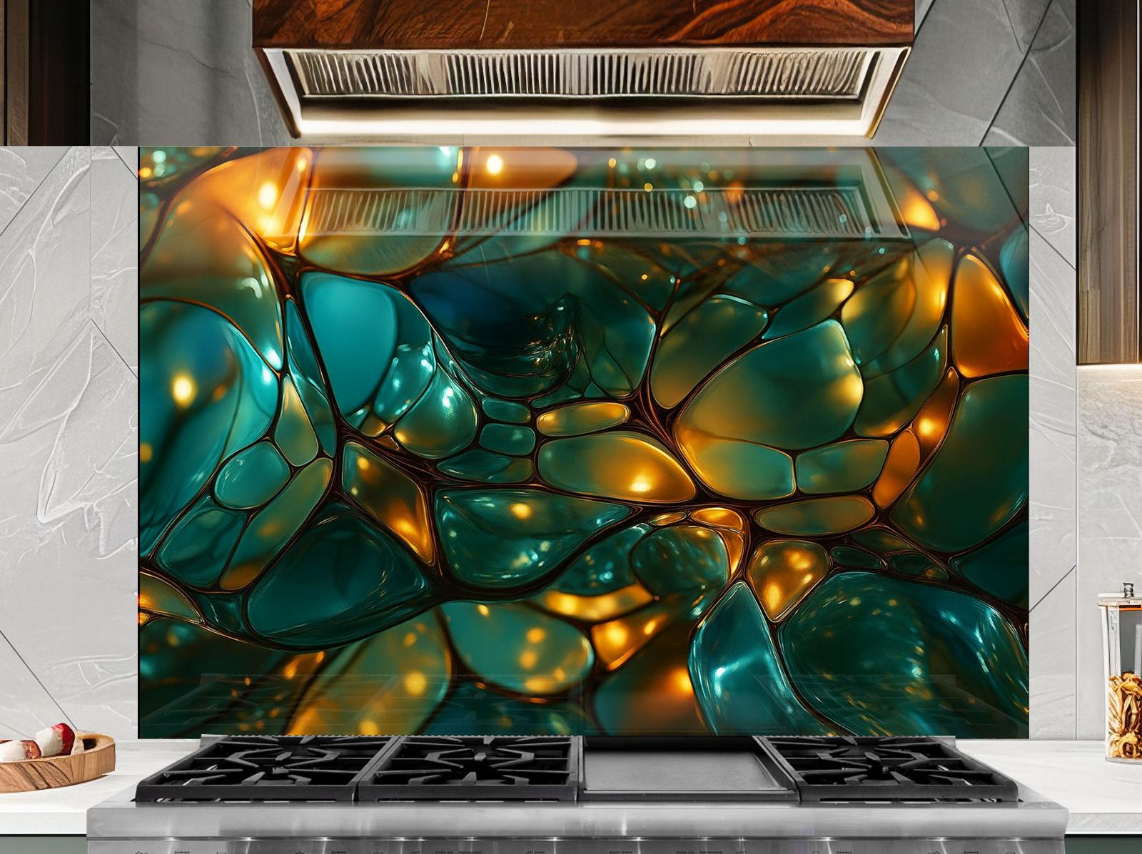 a stove top oven sitting under a painting on a wall