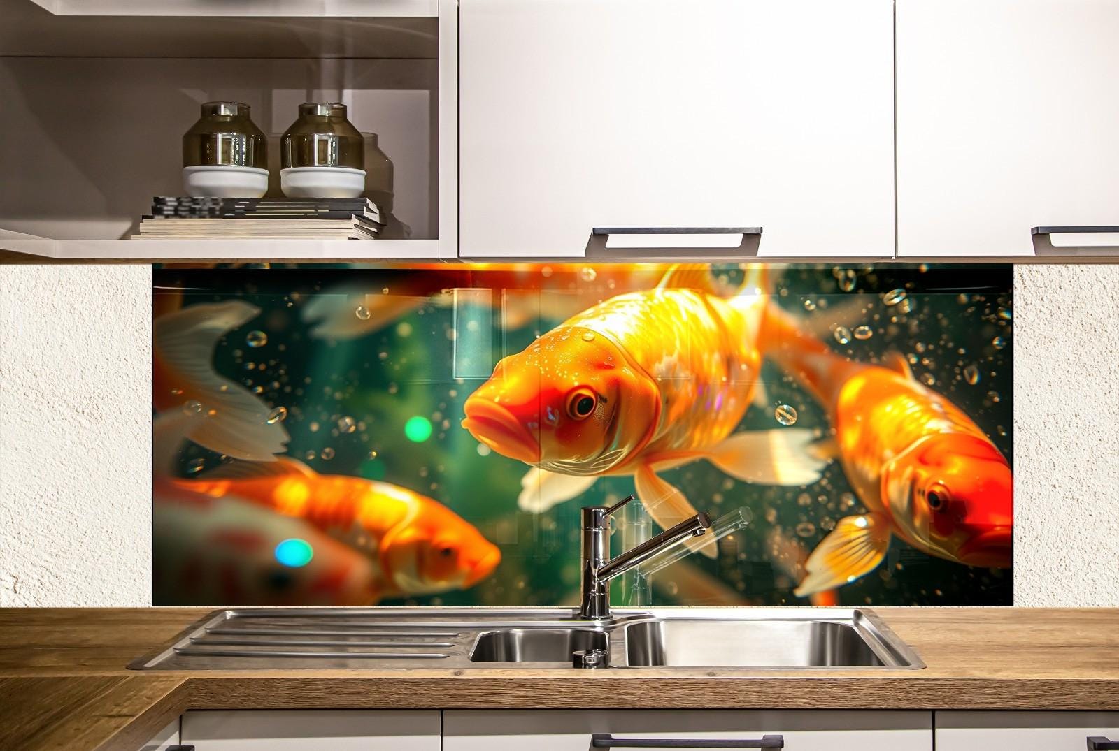a kitchen scene with focus on the goldfish