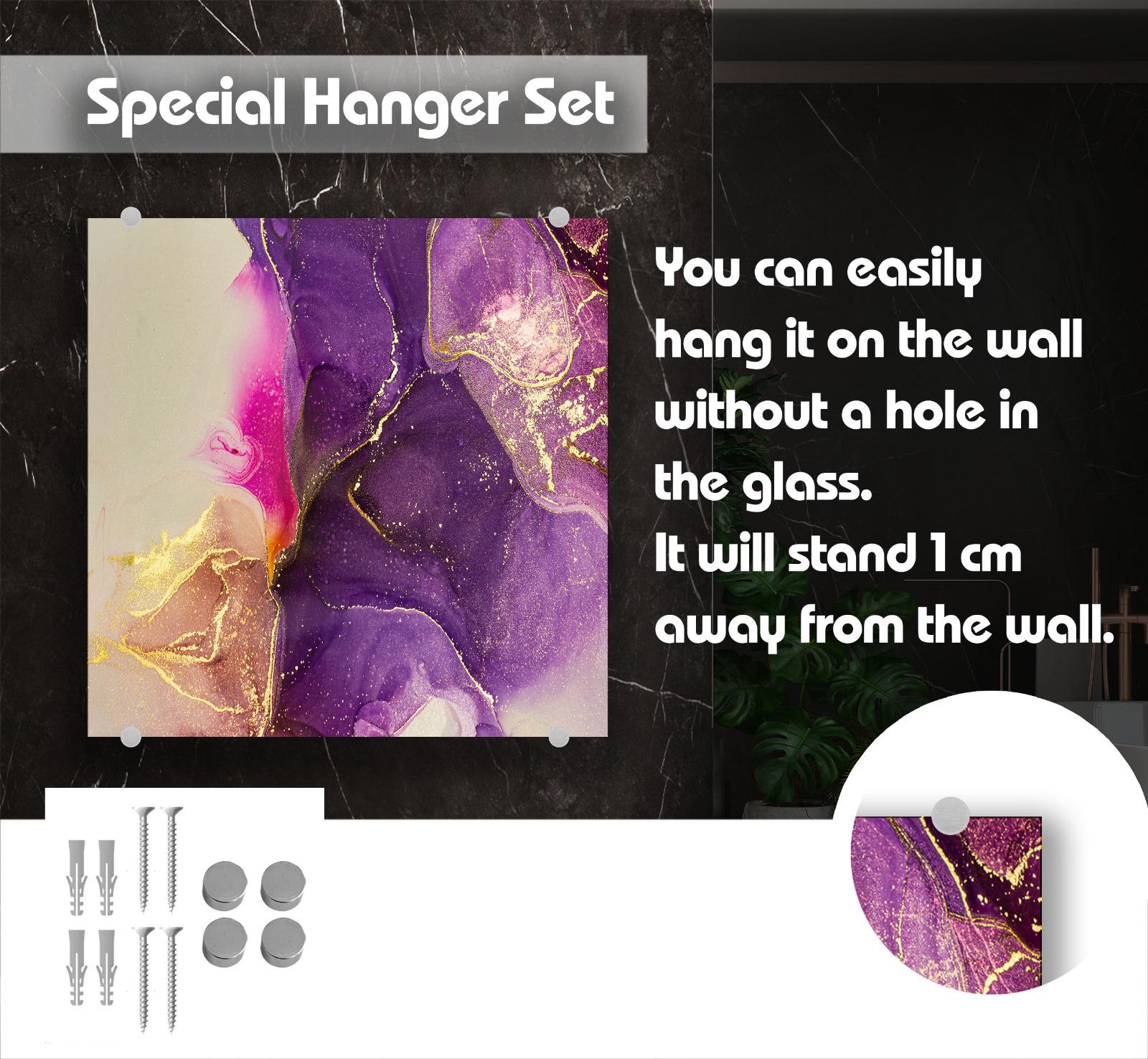 The image is a special hanging set that includes a glass piece with a marble-like design and a metal bracket, as well as a set of screws and a magnet.