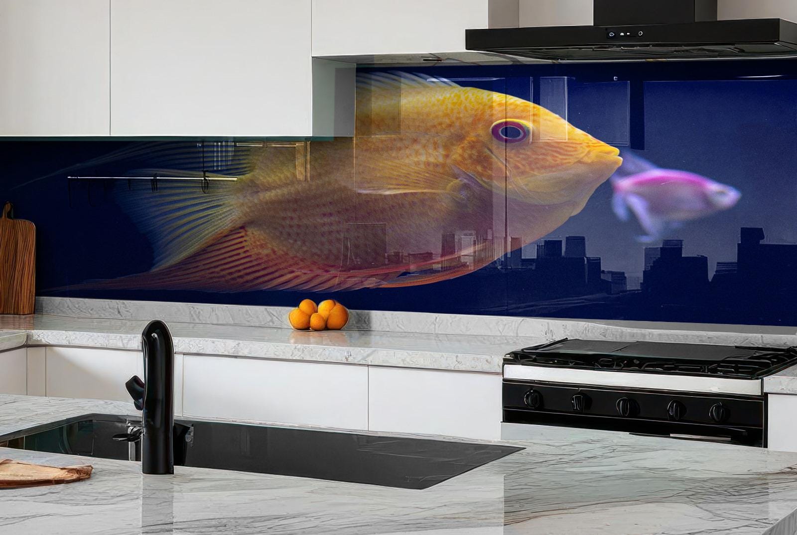 Underwater scene featuring bright tropical fish print.