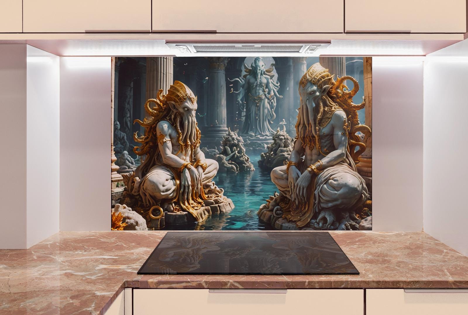 a large, ornate, and intricate mural or painting of two figures, possibly representing mythical or fantastical creatures, set against a backdrop of architectural elements such as columns and a fountain. The artwork is displayed on a wall, and there is a black stovetop in the foreground, suggesting that the scene is set in a kitchen or cooking area.
