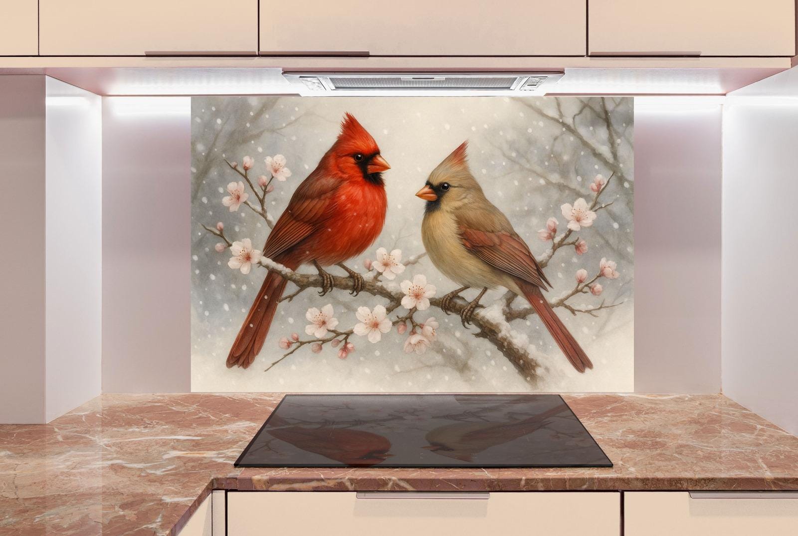 a painting of two birds sitting on a branch