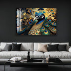 a large, colorful painting of a peacock on the wall above a white couch in a living room setting.