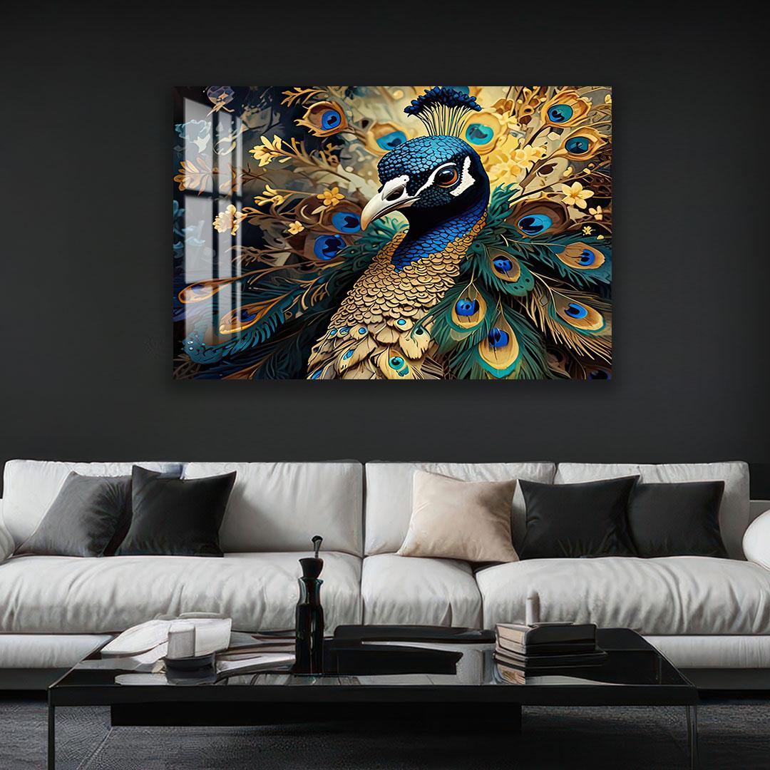 a large, colorful painting of a peacock on the wall above a white couch in a living room setting.