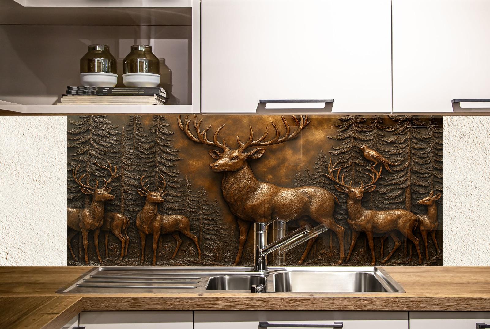 a kitchen with a sink and a metal deer wall mural