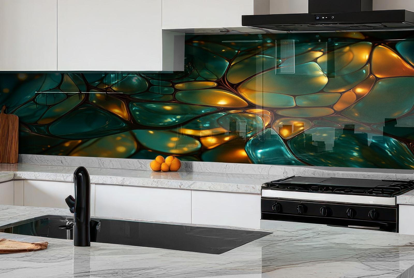 a kitchen with a marble counter top next to a stove top oven