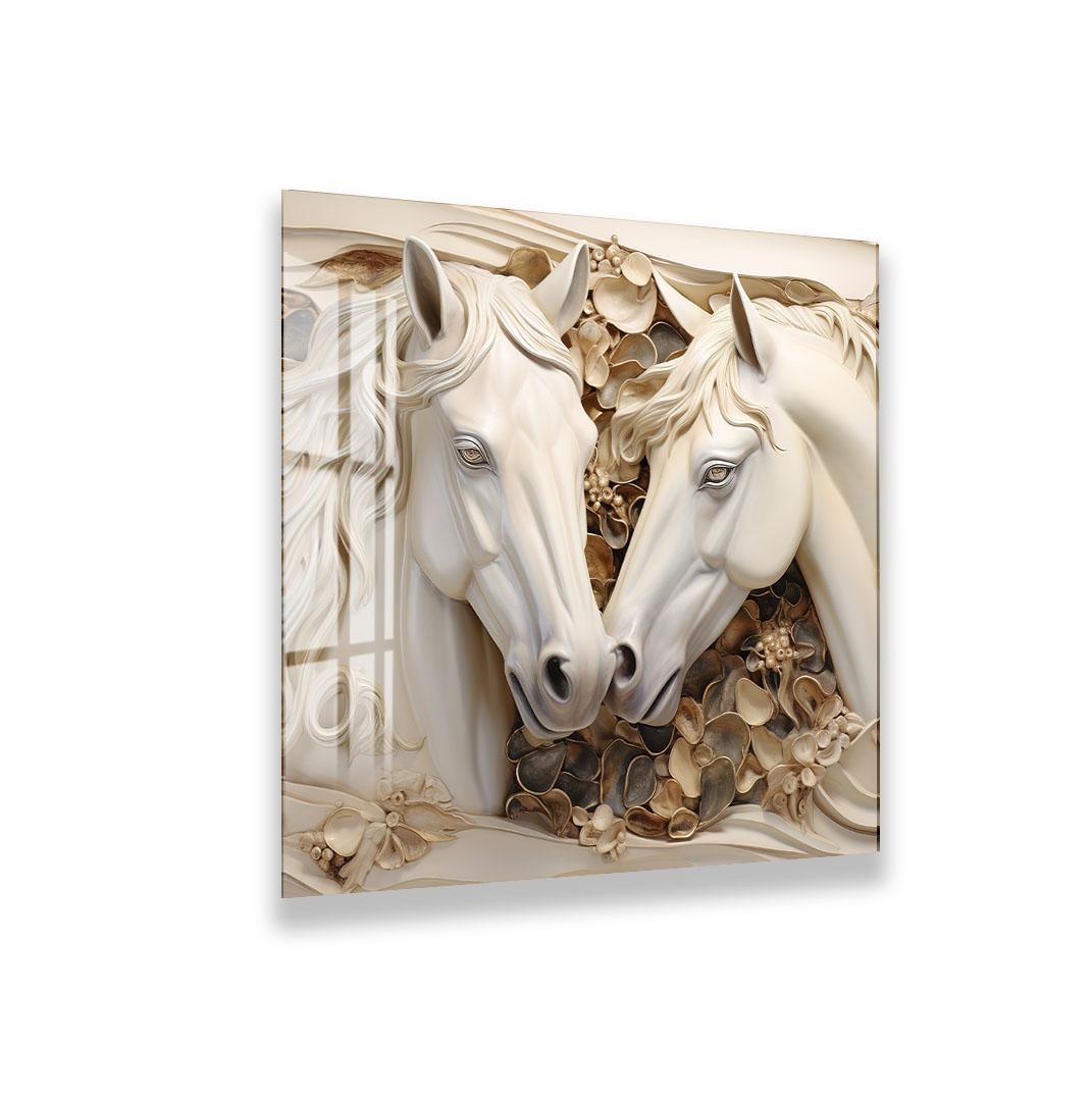 two white horses with their heads close together, surrounded by a floral arrangement.