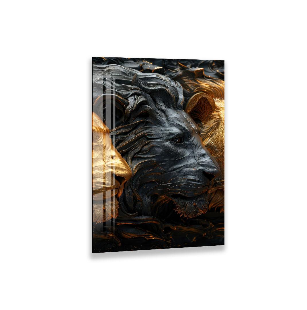 a close-up of a lion's head, with intricate details and a striking contrast between the black and gold colors.