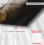 The image is a close-up of a glass surface with a wooden floor underneath. The glass appears to be Tempered Glass, and there is a red arrow pointing to the thickness of the glass, which is 0.15" (4mm) thick.