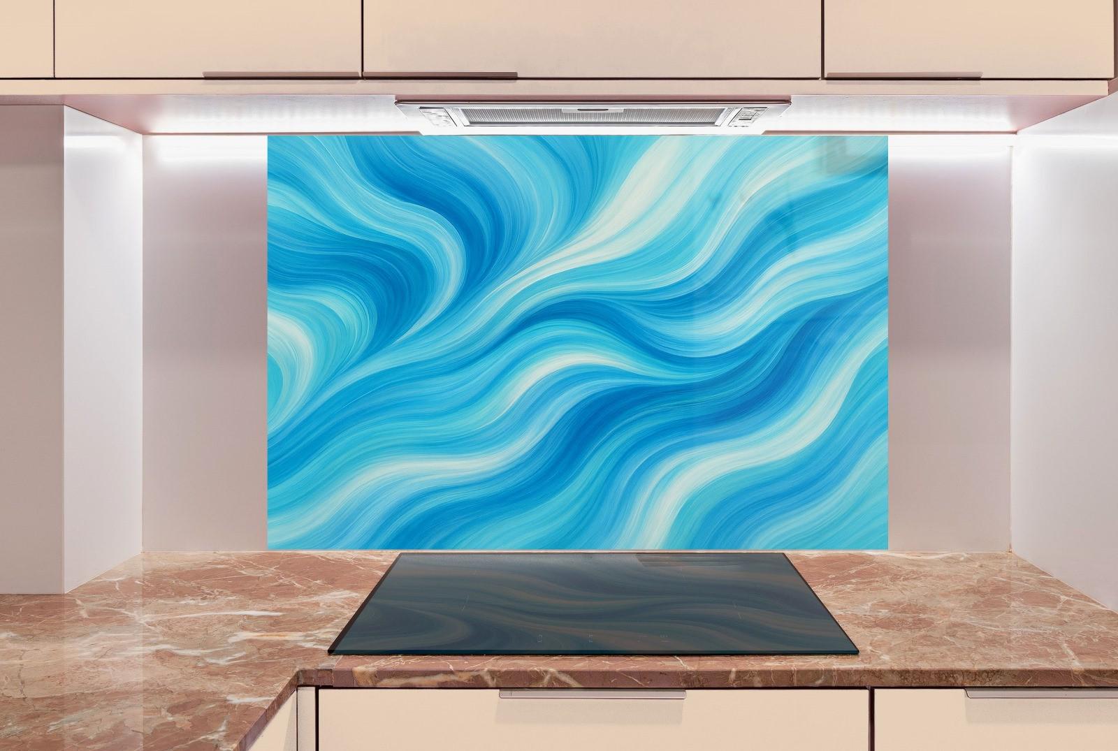 a blue and white painting in a kitchen