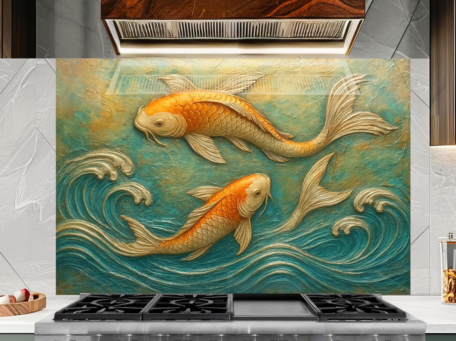 a painting of two gold fish swimming in a pond