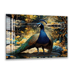 A peacock with its vibrant blue and green feathers stands on a rock in a lush, colorful garden, surrounded by yellow flowers and foliage.