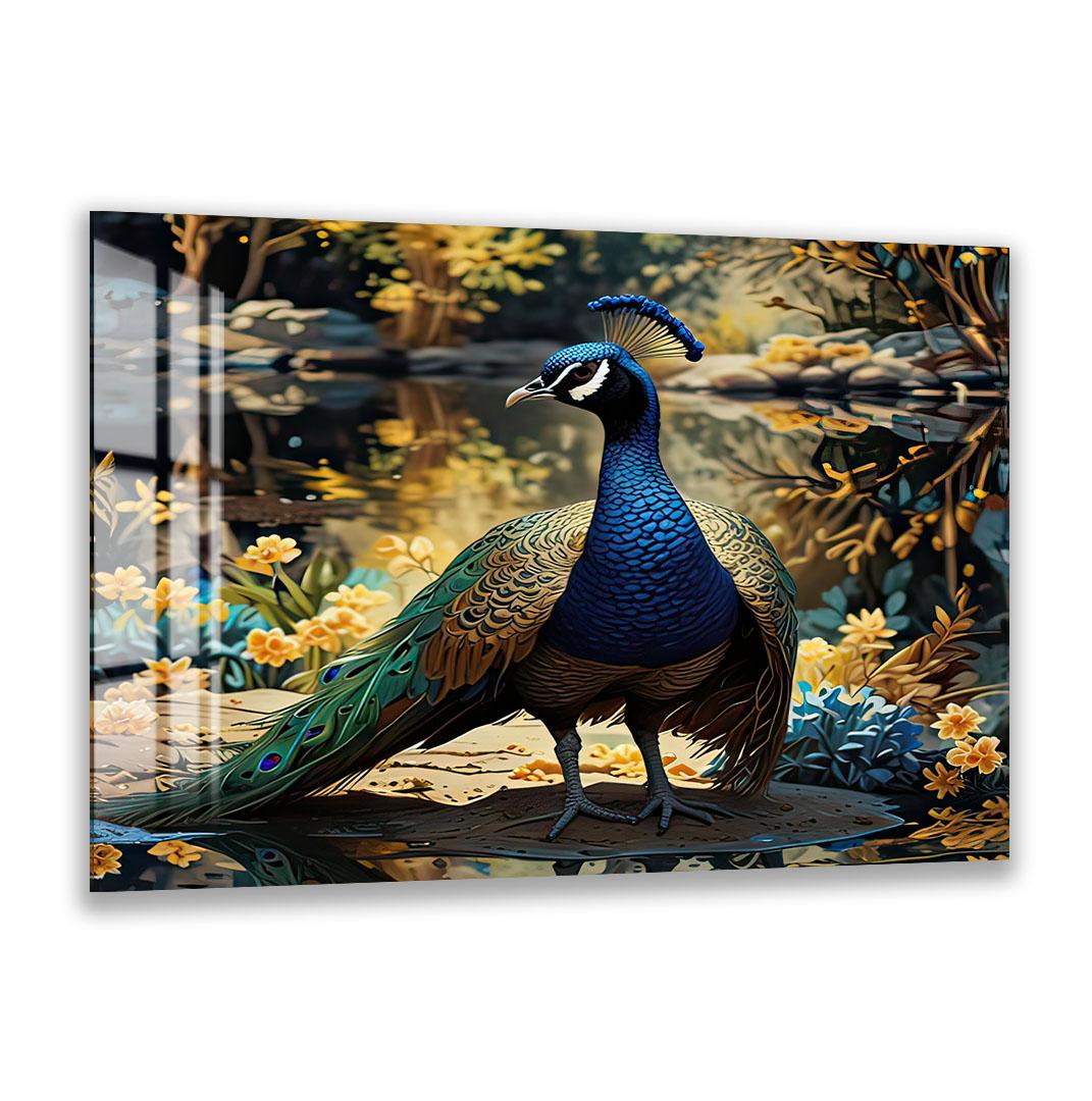 A peacock with its vibrant blue and green feathers stands on a rock in a lush, colorful garden, surrounded by yellow flowers and foliage.