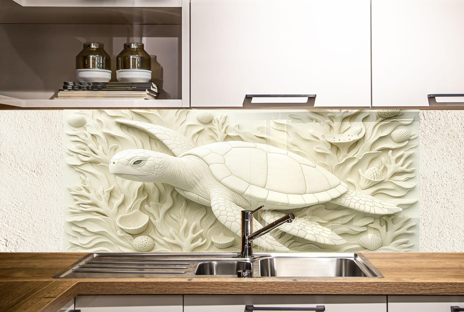 a picture of a turtle on a wall in a kitchen