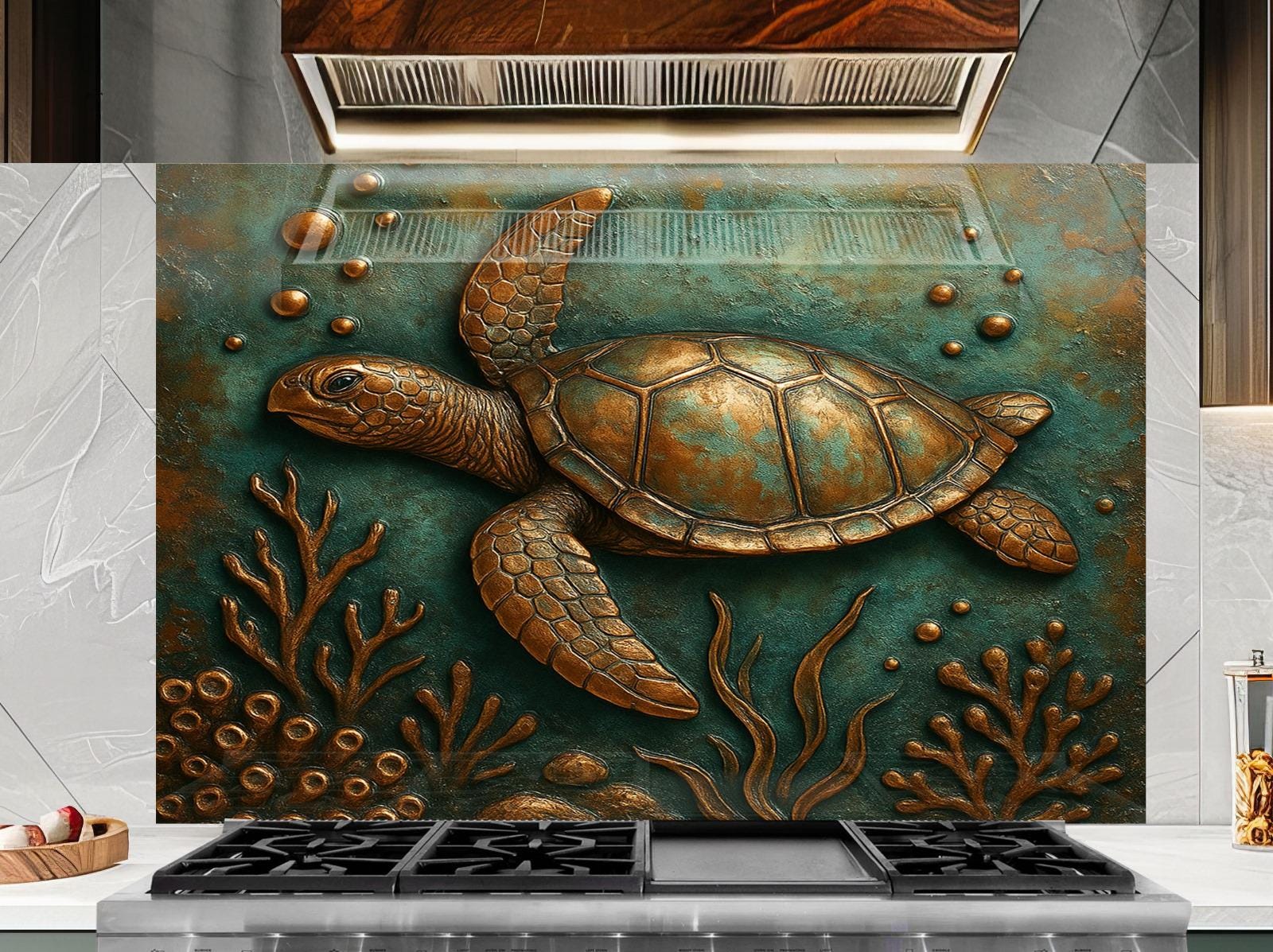 a painting of a turtle on a green background
