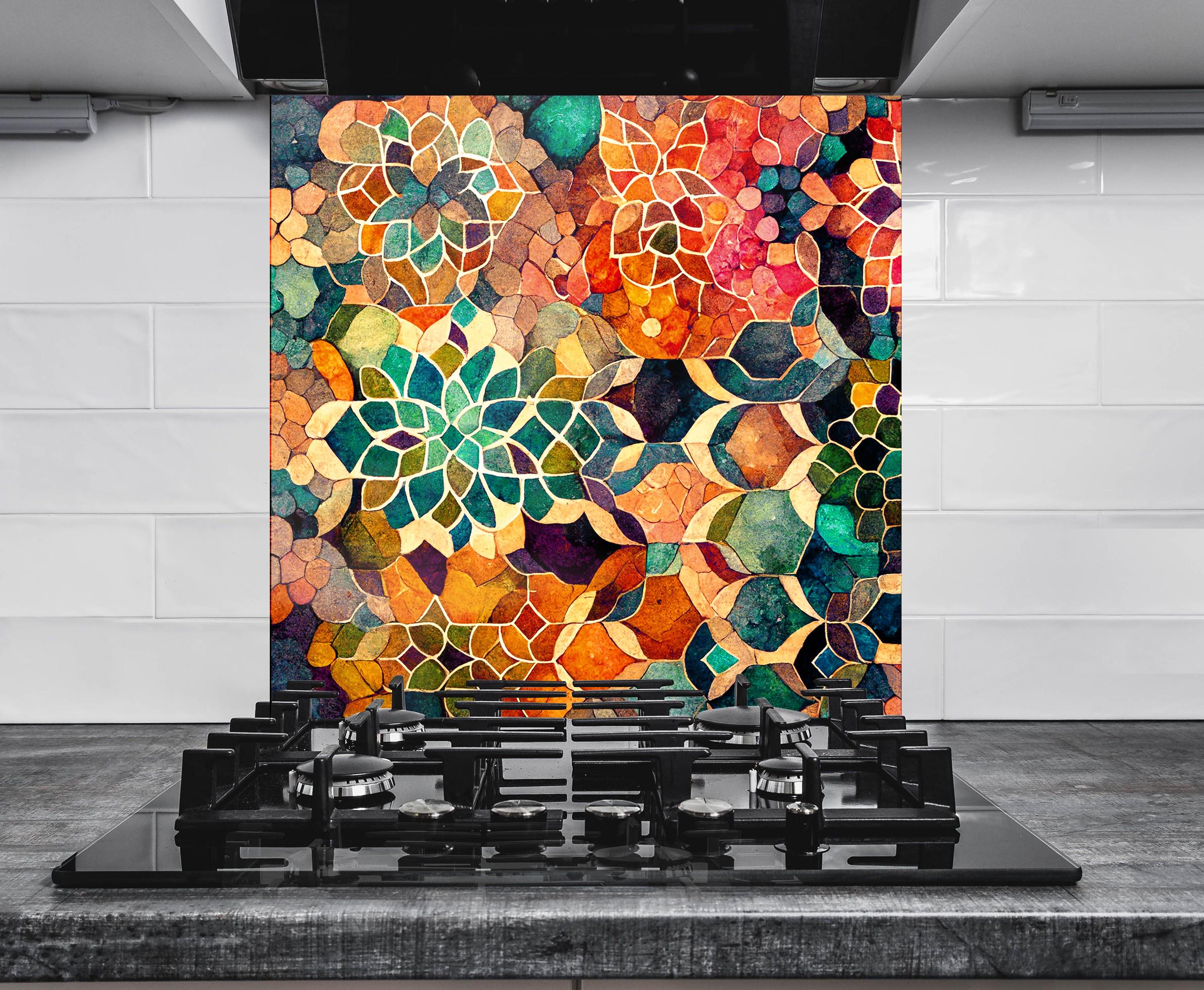 a stove top with a painting on the back of it