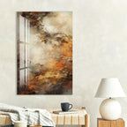 a large abstract painting hanging on a wall, with a wooden coffee table in front of it. The coffee table has a black mug and a book on it.