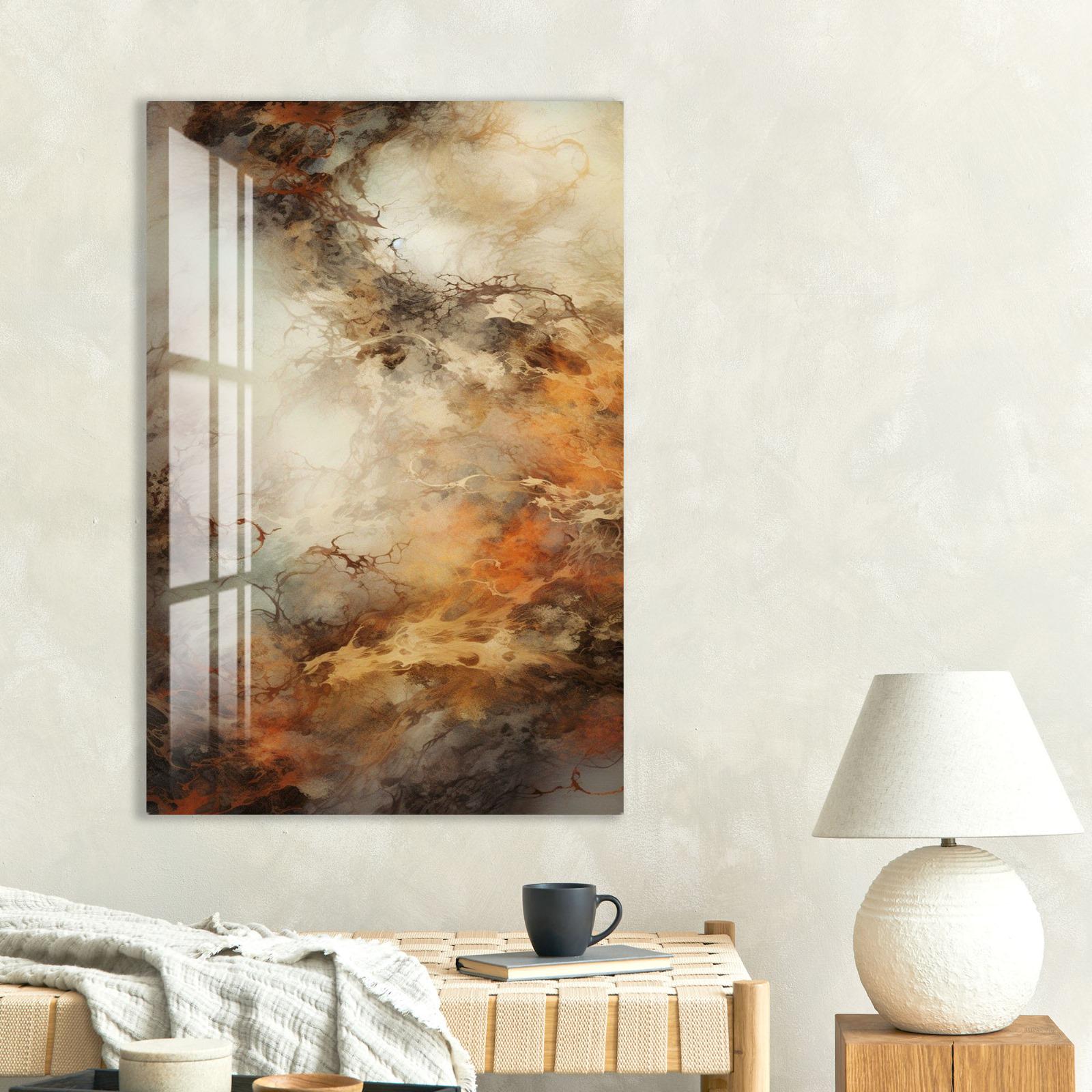 a large abstract painting hanging on a wall, with a wooden coffee table in front of it. The coffee table has a black mug and a book on it.