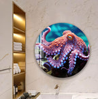 a large circular mirror with a serene scene of butterflies and a mushroom on a rock, set against a marble wall.