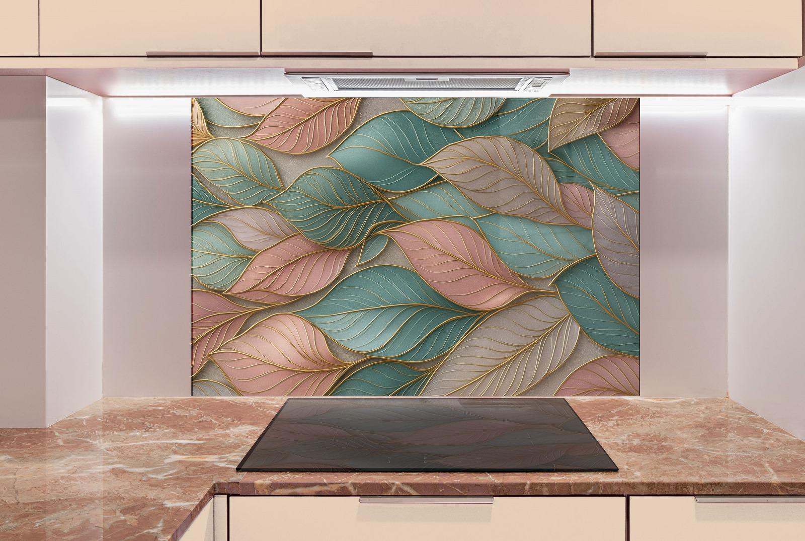 a kitchen with a stove top oven and a painting on the wall