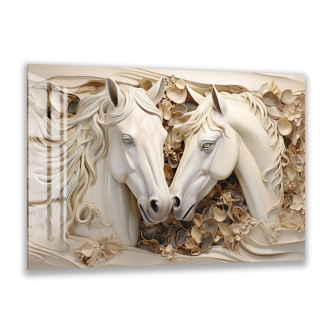 two white horses with flowing manes and tails, surrounded by a decorative floral pattern.