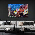 a large, vibrant painting of a coral reef with colorful fish swimming among the coral.